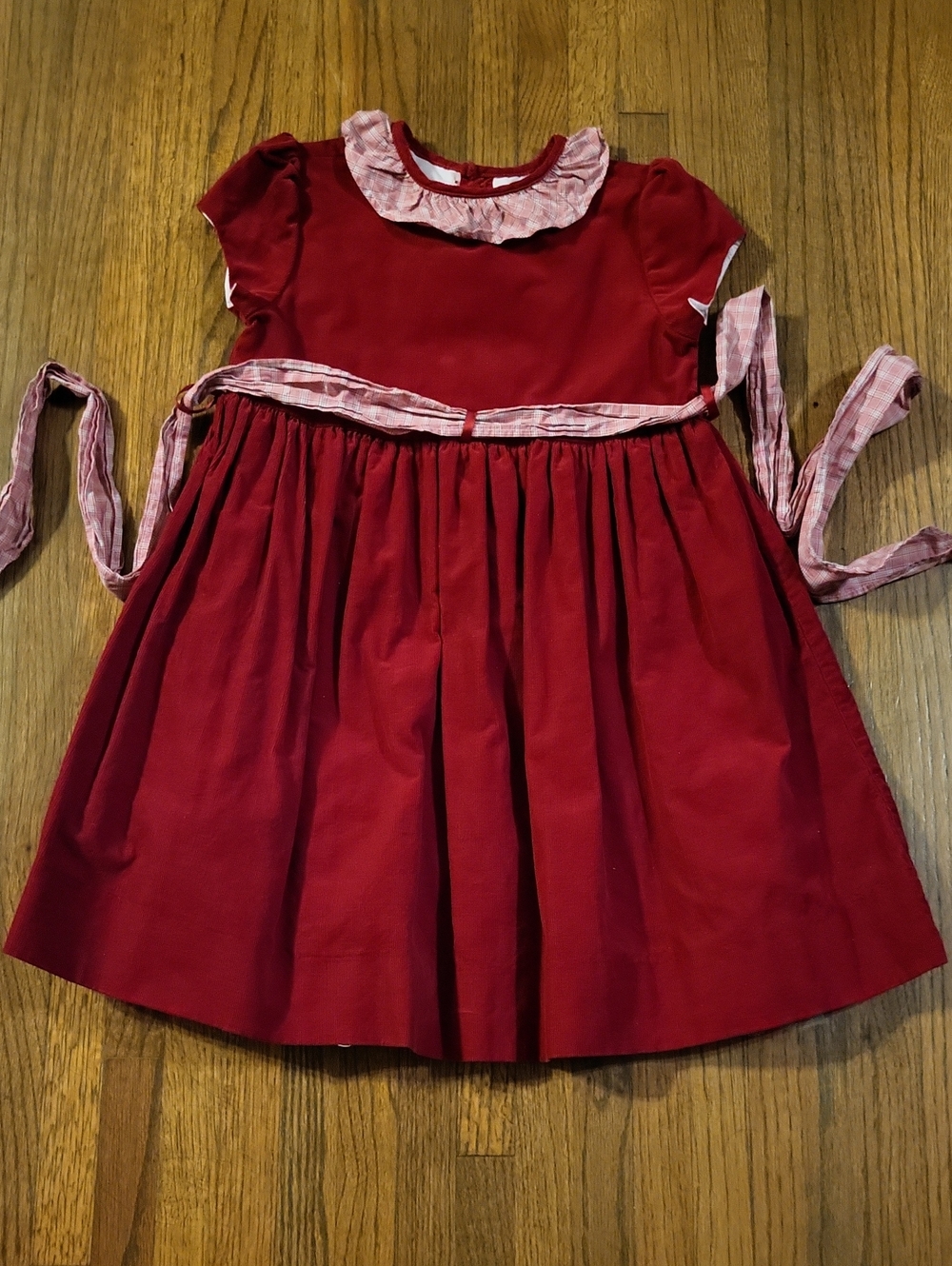 Girls' Red Ruffle-Collar Party Dress with Pink Plaid Trim